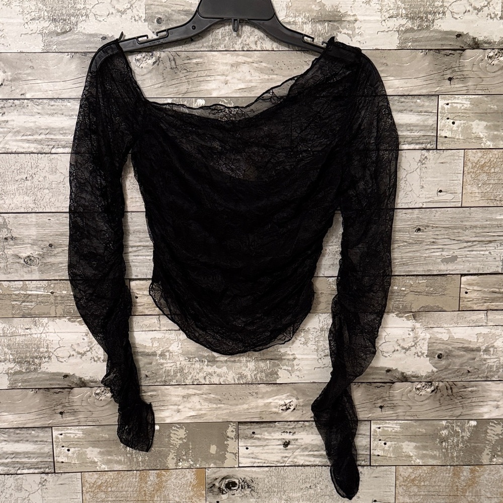 12th Tribe Black Semi-sheer Lace Blouse